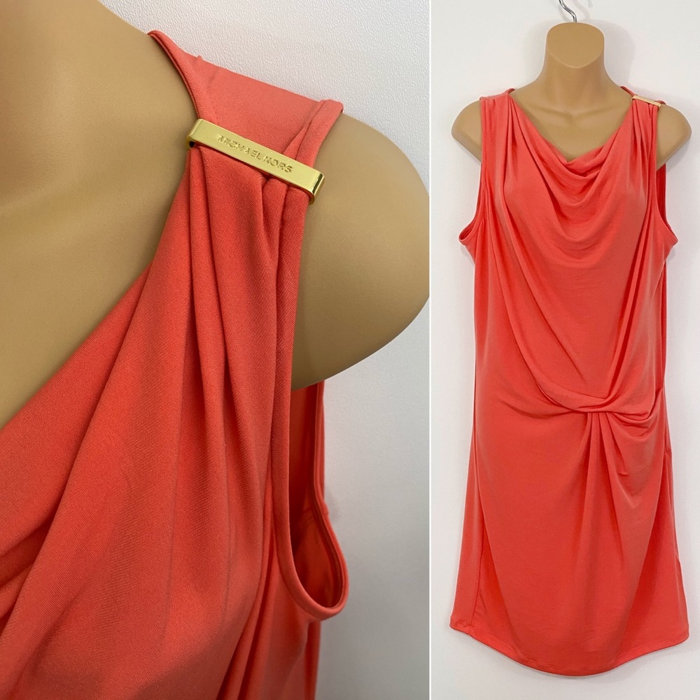 NWT Michael Kors Bright CORAL Papaya Ruched Assymetric Dress Light Stretch Knit